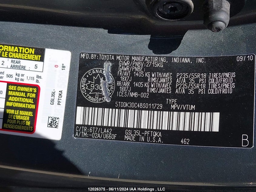 2011 Toyota Sienna Xle/Limited VIN: 5TDDK3DC4BS011729 Lot: 12026375