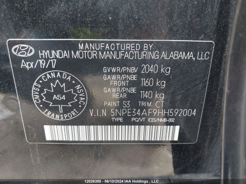 2017 Hyundai Sonata Sport/Limited VIN: 5NPE34AF9HH592004 Lot: 12026385