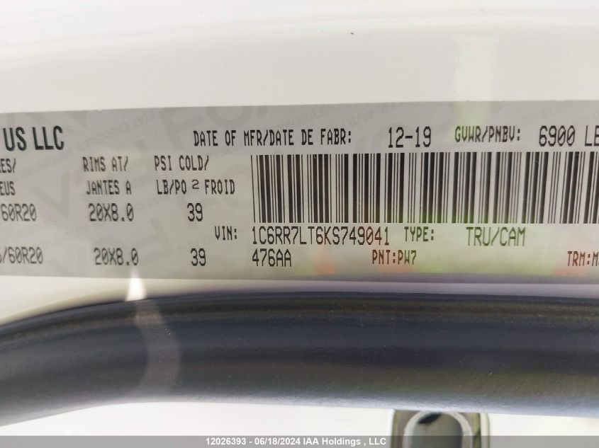 2019 Ram 1500 Classic Slt VIN: 1C6RR7LT6KS749041 Lot: 12026393