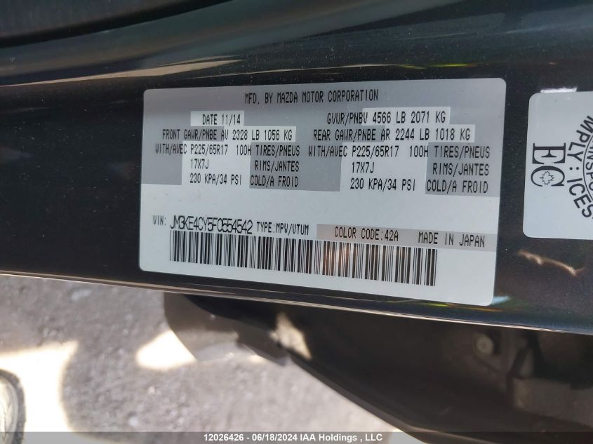 2015 Mazda Cx-5 VIN: JM3KE4CY5F0554542 Lot: 12026426