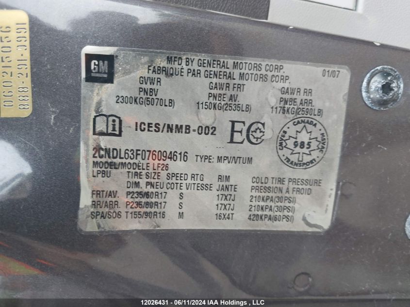 2007 Chevrolet Equinox VIN: 2CNDL63F076094616 Lot: 12026431