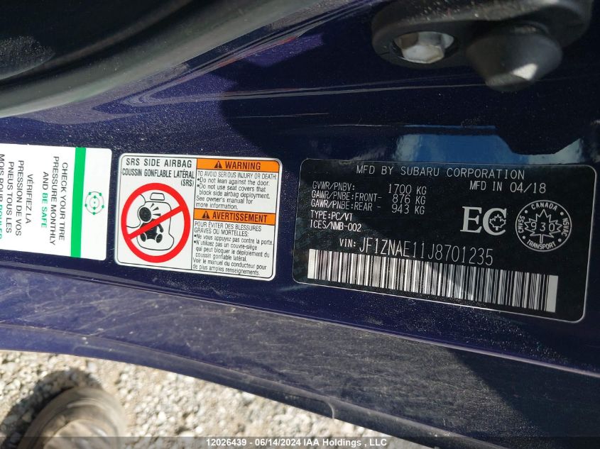 2018 Toyota 86 Gt VIN: JF1ZNAE11J8701235 Lot: 12026439