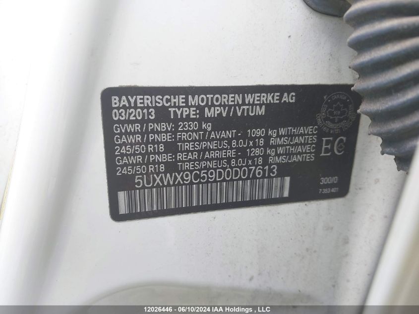 2013 BMW X3 VIN: 5UXWX9C59D0D07613 Lot: 12026446