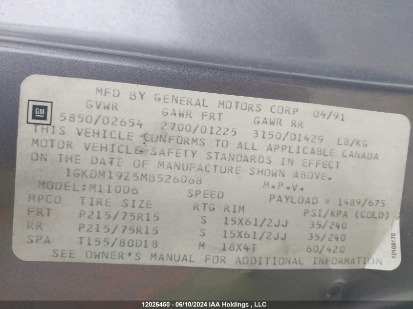 1991 GMC Safari Xt VIN: 1GKDM19Z5MB526068 Lot: 12026450