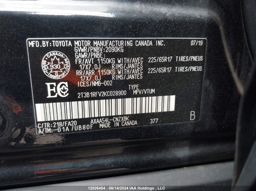 2019 Toyota Rav4 Le VIN: 2T3B1RFV2KC028900 Lot: 12026454