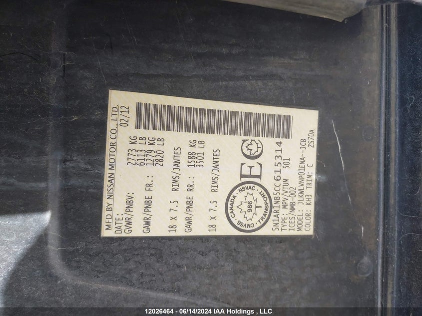 2012 Nissan Pathfinder VIN: 5N1AR1NB5CC615314 Lot: 12026464