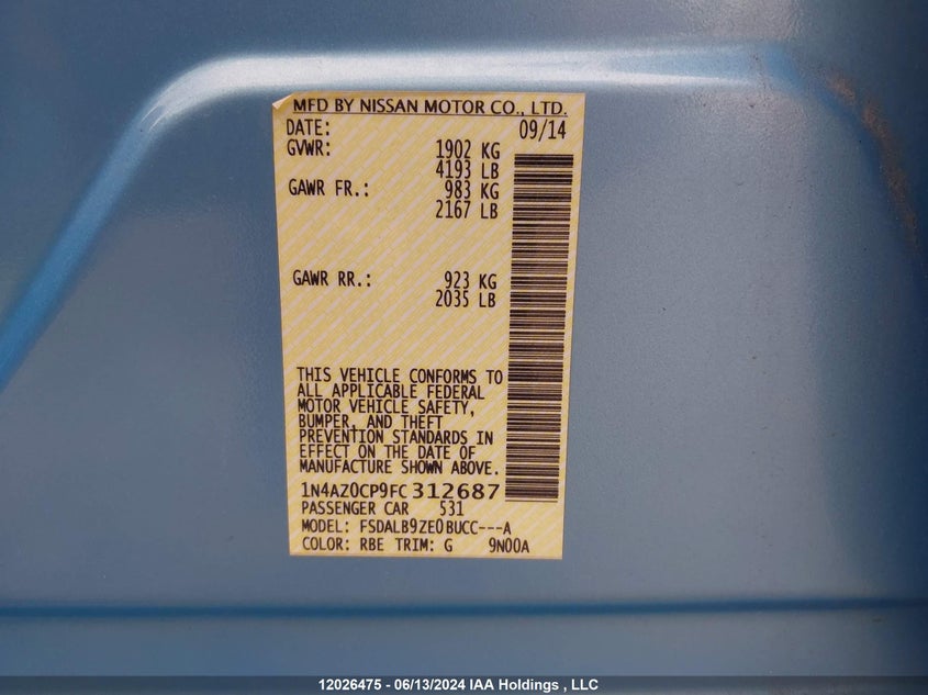 2015 Nissan Leaf S VIN: 1N4AZ0CP9FC312687 Lot: 12026475