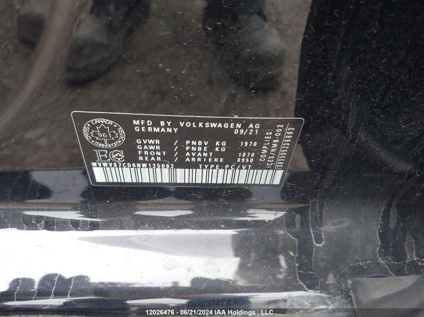 2022 Volkswagen Golf Gti VIN: WVWV87CD6NW125062 Lot: 12026476