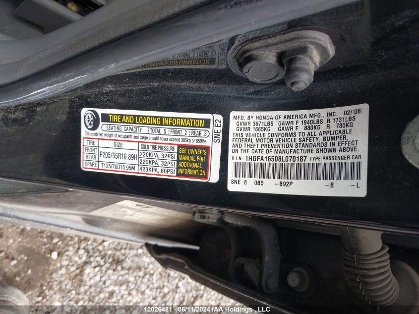 2008 Honda Civic Lx VIN: 1HGFA16508L070187 Lot: 12026481