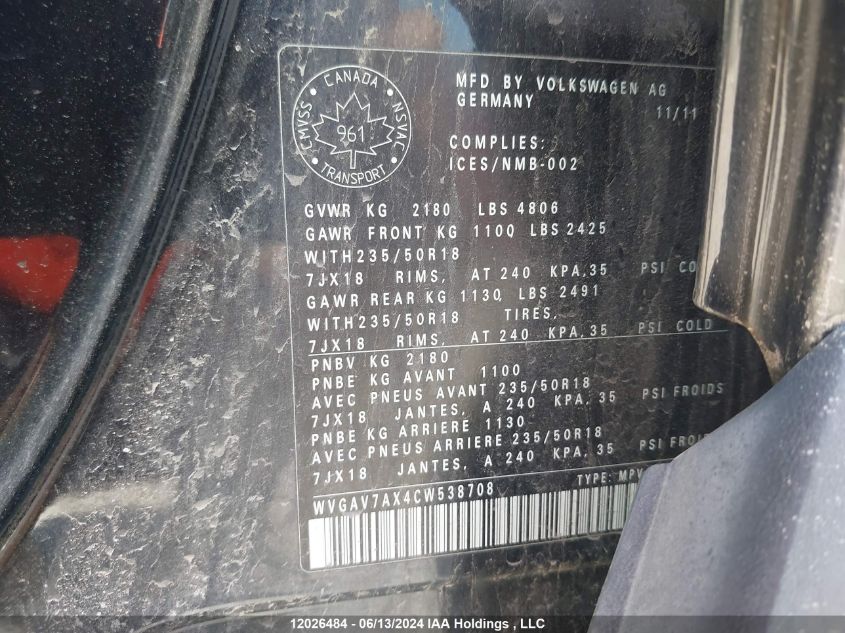2012 Volkswagen Tiguan VIN: WVGAV7AX4CW538708 Lot: 12026484