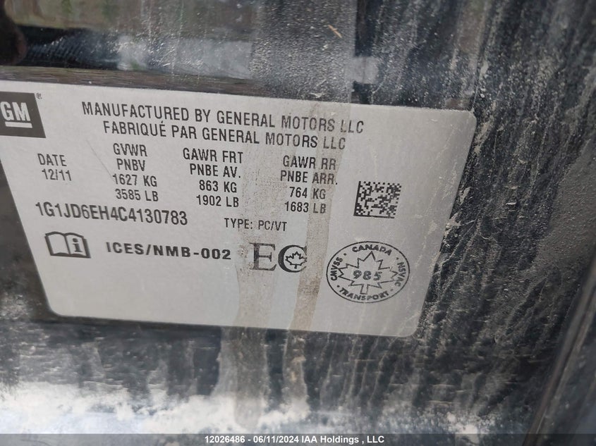 2012 Chevrolet Sonic VIN: 1G1JD6EH4C4130783 Lot: 12026486