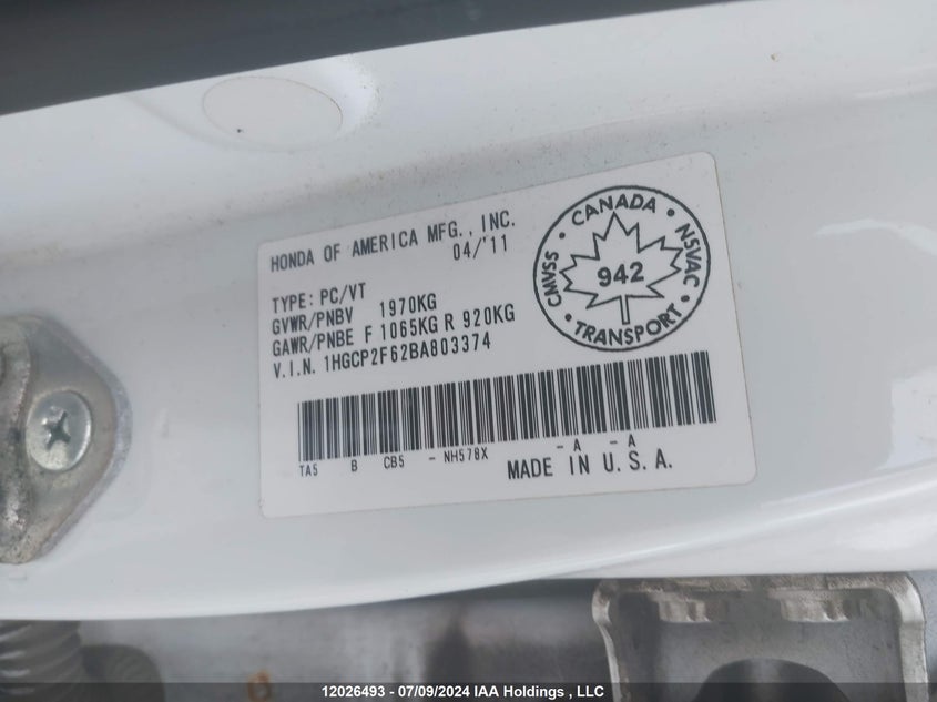 2011 Honda Accord VIN: 1HGCP2F62BA803374 Lot: 12026493