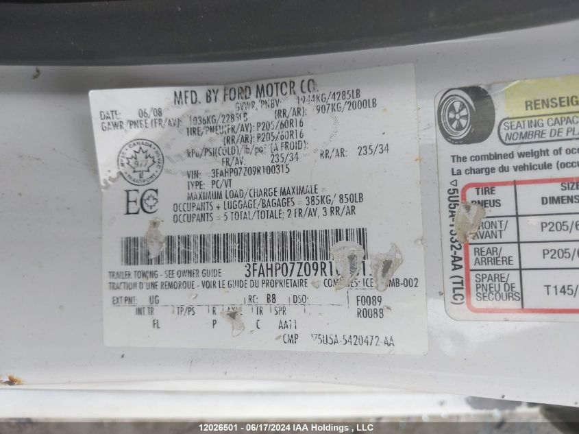 2009 Ford Fusion Se VIN: 3FAHP07Z09R100315 Lot: 12026501