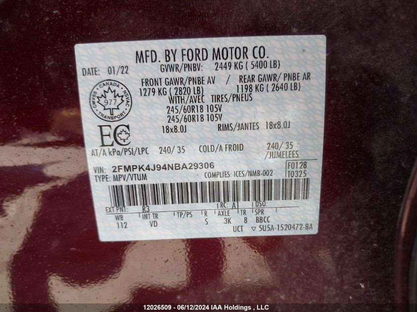 2022 Ford Edge Sel VIN: 2FMPK4J94NBA29306 Lot: 12026509