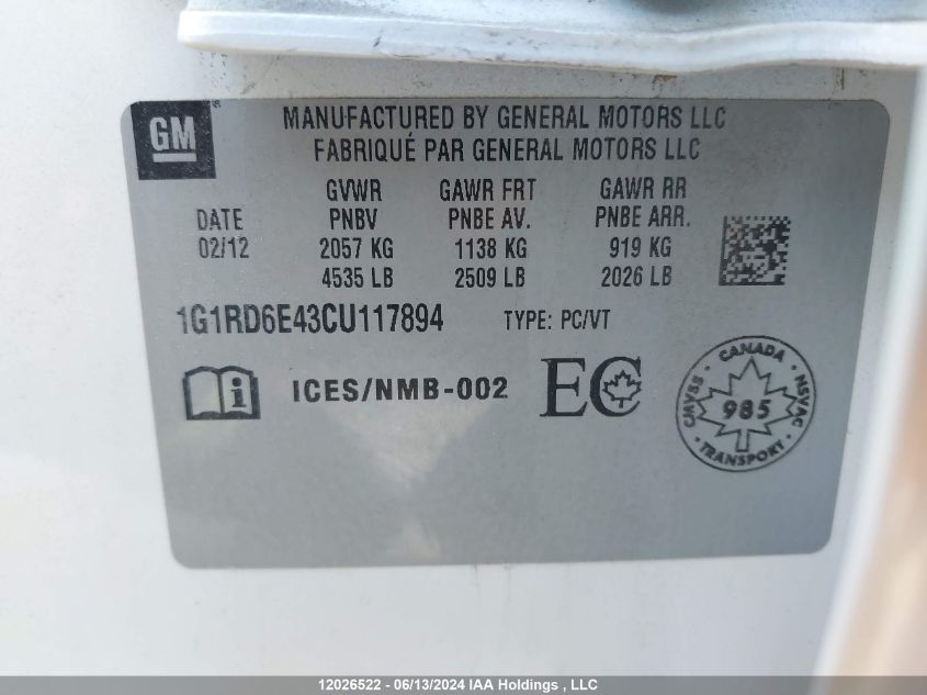2012 Chevrolet Volt VIN: 1G1RD6E43CU117894 Lot: 12026522