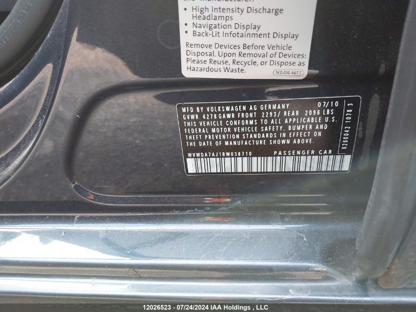 2011 Volkswagen Golf VIN: WVWDA7AJ1BW038710 Lot: 12026523