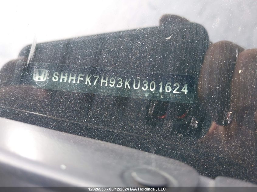 2019 Honda Civic Hatchback VIN: SHHFK7H93KU301624 Lot: 12026533