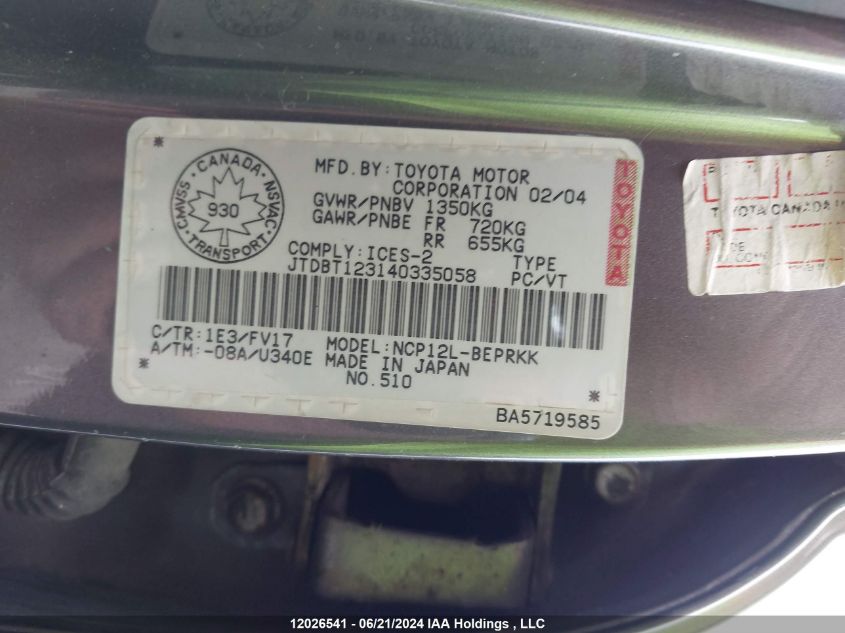 2004 Toyota Echo VIN: JTDBT123140335058 Lot: 12026541