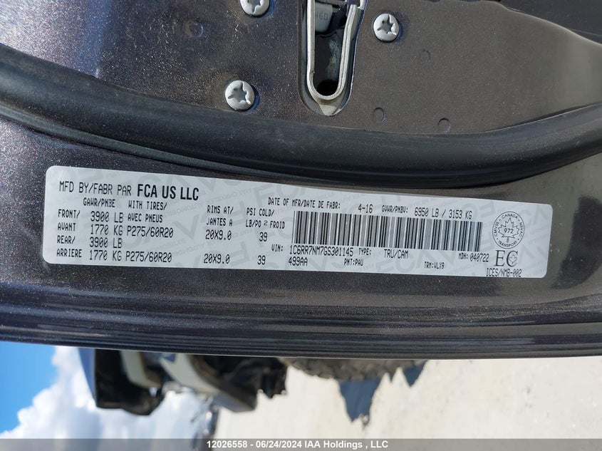 2016 Ram 1500 Laramie VIN: 1C6RR7NM7GS301145 Lot: 12026558