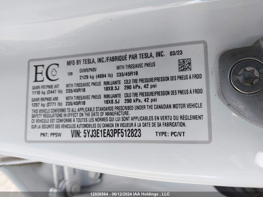2023 Tesla Model 3 VIN: 5YJ3E1EA3PF512823 Lot: 12026564