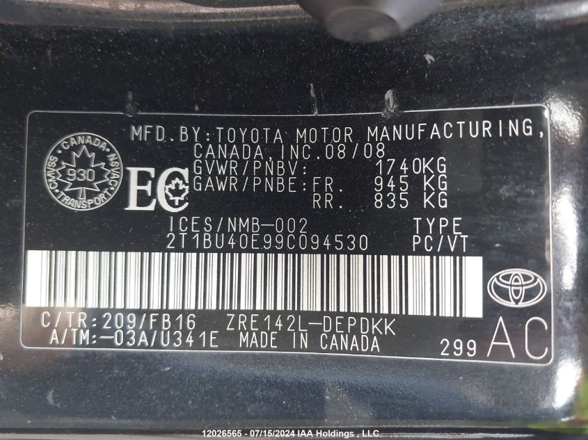 2009 Toyota Corolla Le VIN: 2T1BU40E99C094530 Lot: 12026565