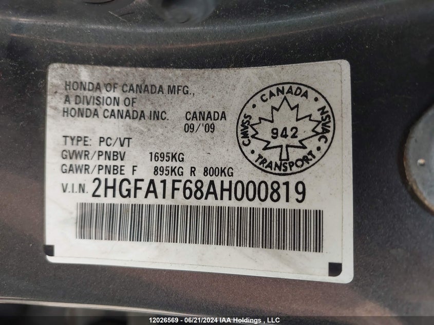 2010 Honda Civic Sdn VIN: 2HGFA1F68AH000819 Lot: 12026569