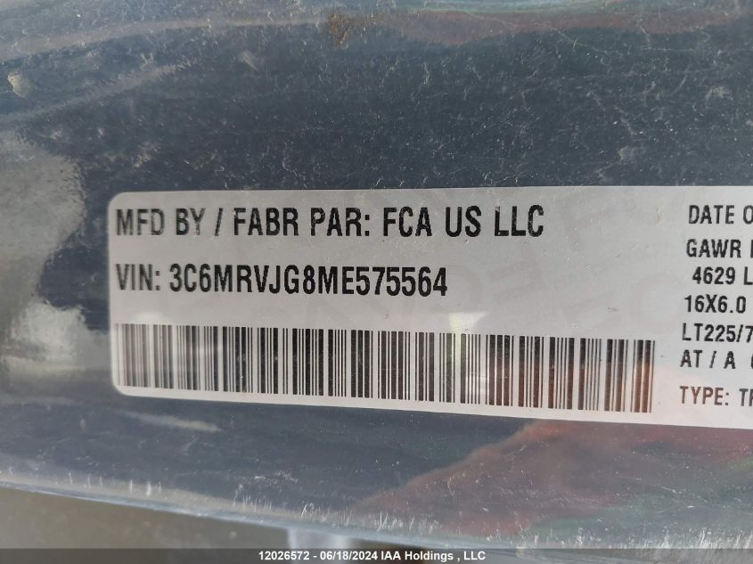 2021 Ram Promaster 3500 High Roof Extended 159 In. Wb VIN: 3C6MRVJG8ME575564 Lot: 12026572