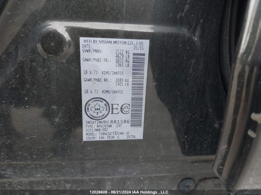 2015 Nissan Rogue S/Sl/Sv VIN: 5N1AT2MV9FC881586 Lot: 12026608