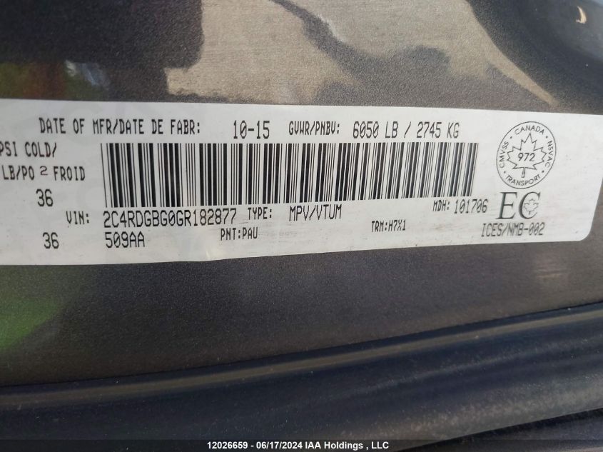 2016 Dodge Grand Caravan Se VIN: 2C4RDGBG0GR182877 Lot: 12026659