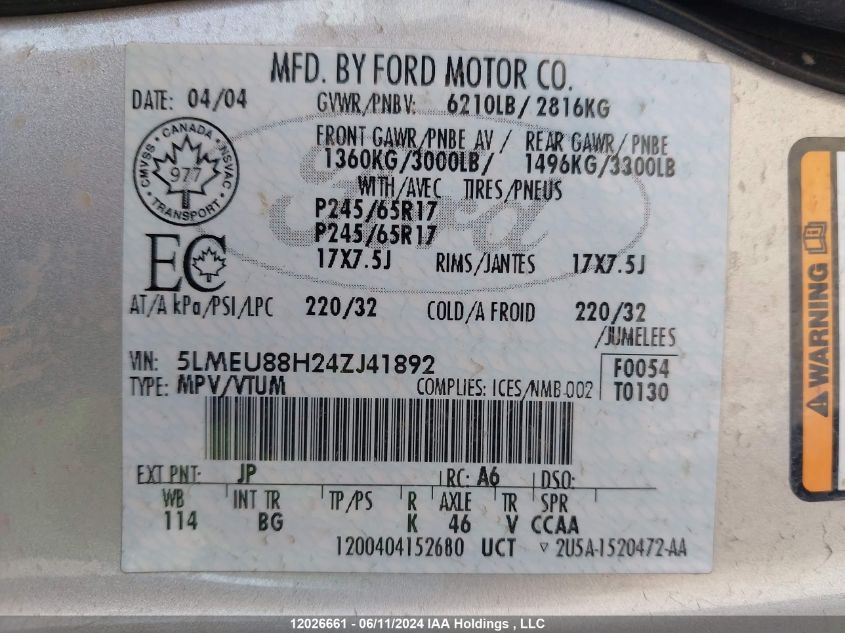 2004 Lincoln Aviator VIN: 5LMEU88H24ZJ41892 Lot: 12026661