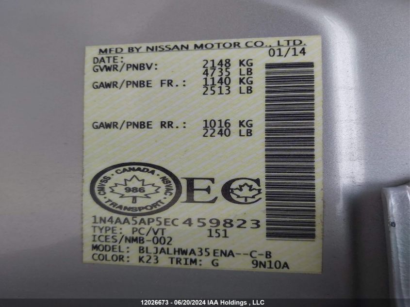 2014 Nissan Maxima VIN: 1N4AA5AP5EC459823 Lot: 12026673