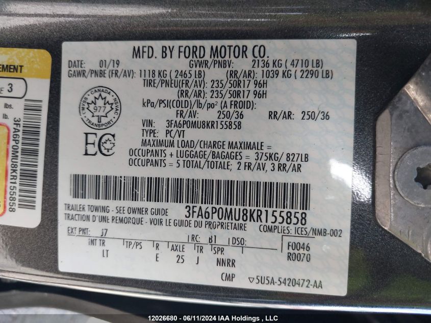 2019 Ford Fusion Hybrid Sel VIN: 3FA6P0MU8KR155858 Lot: 12026680