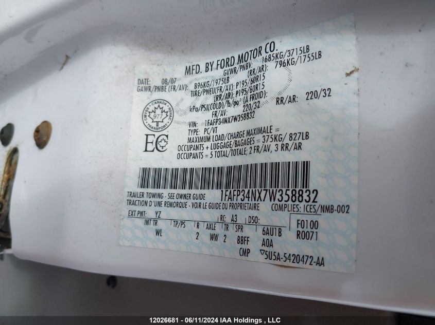 2007 Ford Focus Zx4/S/Se/Ses VIN: 1FAFP34NX7W358832 Lot: 12026681