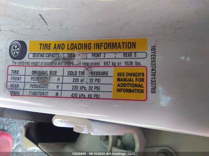 2007 Cadillac Srx VIN: 1GYEE637470133769 Lot: 12026695