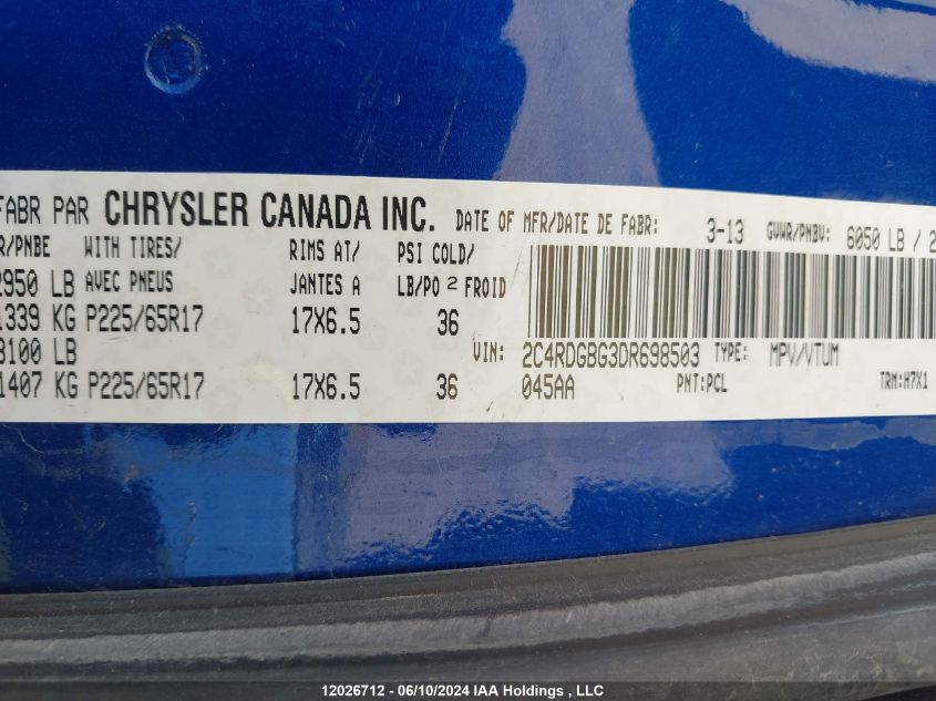 2013 Dodge Grand Caravan Se VIN: 2C4RDGBG3DR698503 Lot: 12026712