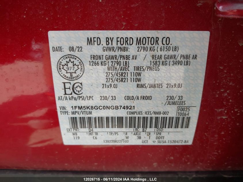 2022 Ford Explorer St VIN: 1FM5K8GC0NGB74921 Lot: 12026715