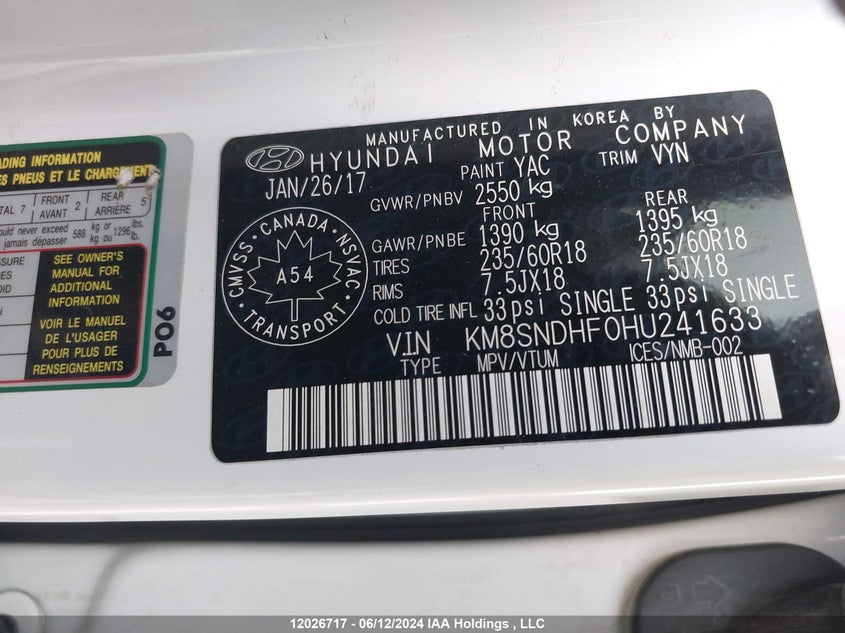 2017 Hyundai Santa Fe Se/Limited VIN: KM8SNDHF0HU241633 Lot: 12026717