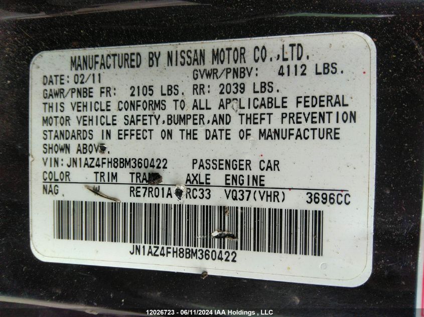 2011 Nissan 370Z Touring VIN: JN1AZ4FH8BM360422 Lot: 12026723