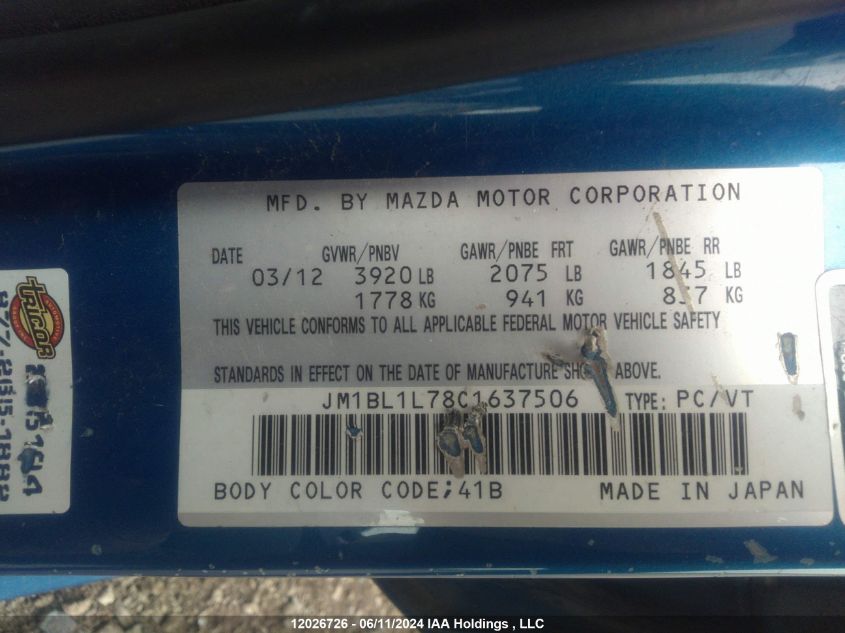 2012 Mazda 3 I VIN: JM1BL1L78C1637506 Lot: 12026726