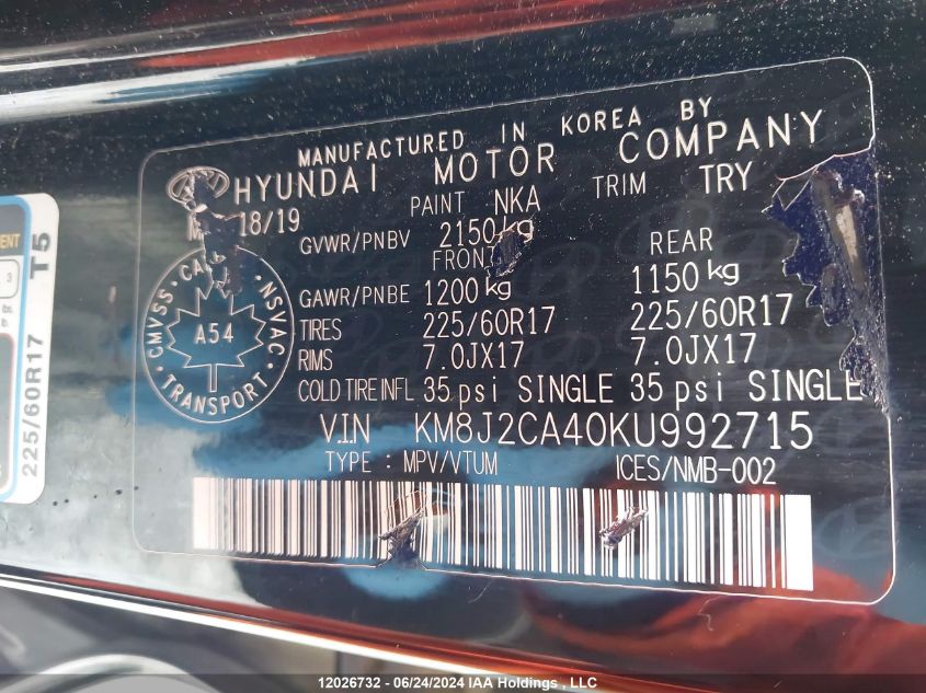 2019 Hyundai Tucson Se VIN: KM8J2CA40KU992715 Lot: 12026732