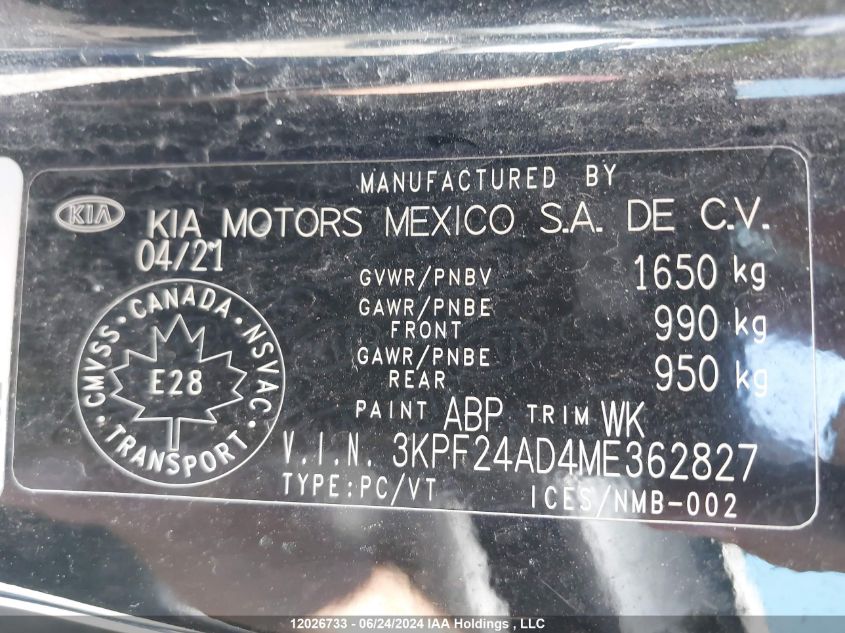 2021 Kia Forte Fe/Lxs VIN: 3KPF24AD4ME362827 Lot: 12026733