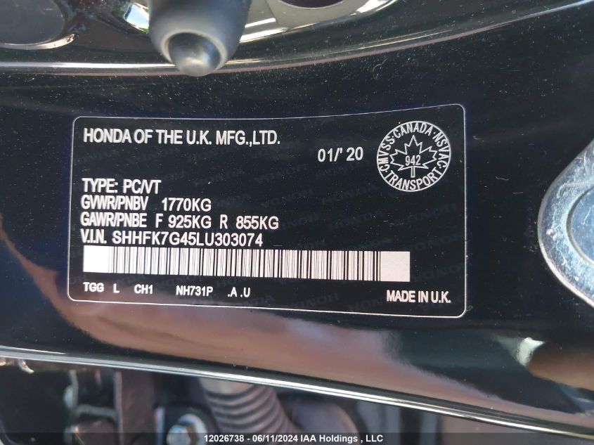 2020 Honda Civic Sport VIN: SHHFK7G45LU303074 Lot: 12026738