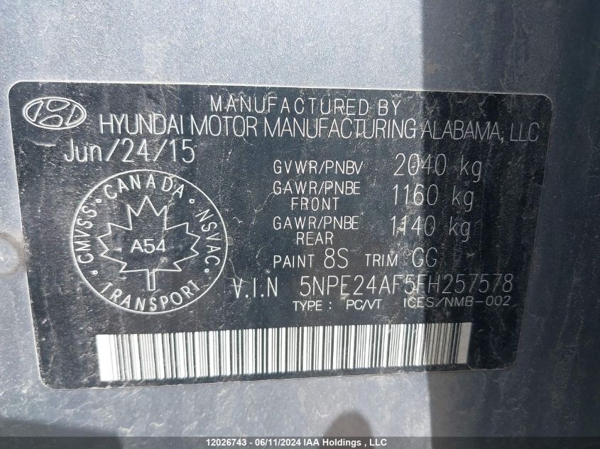 2015 Hyundai Sonata VIN: 5NPE24AF5FH257578 Lot: 12026743
