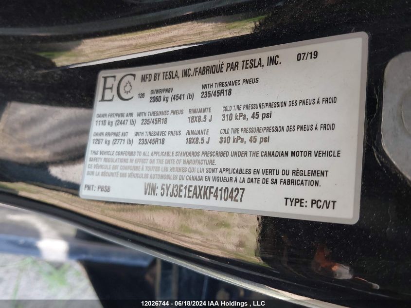2019 Tesla Model 3 VIN: 5YJ3E1EAXKF410427 Lot: 12026744