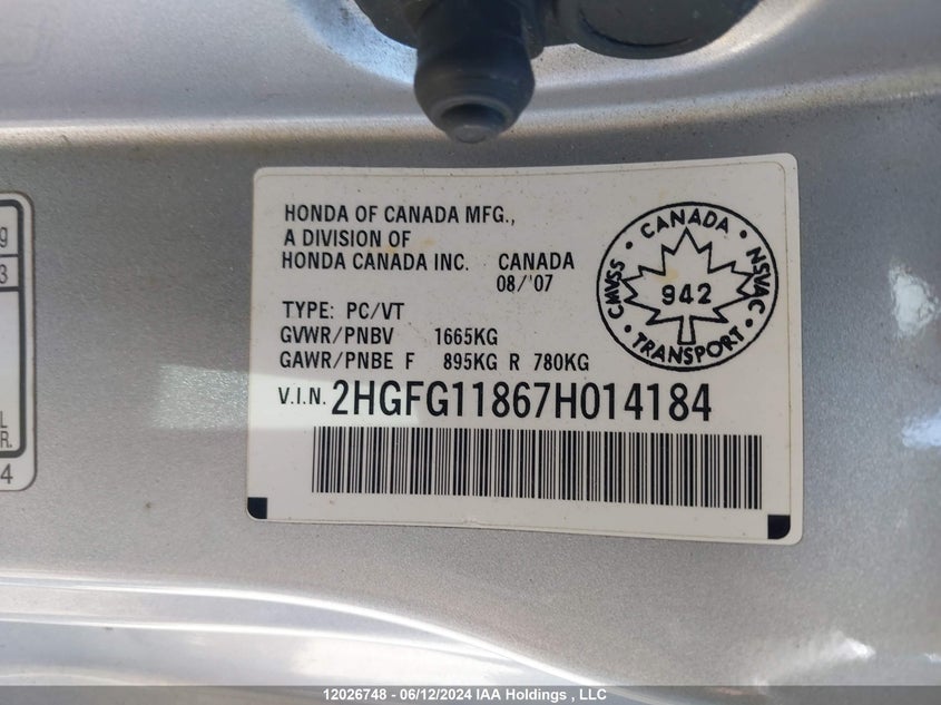 2007 Honda Civic Cpe VIN: 2HGFG11867H014184 Lot: 12026748