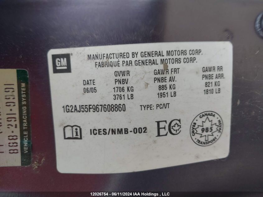 2006 Pontiac G5 Pursuit VIN: 1G2AJ55F967608860 Lot: 12026754