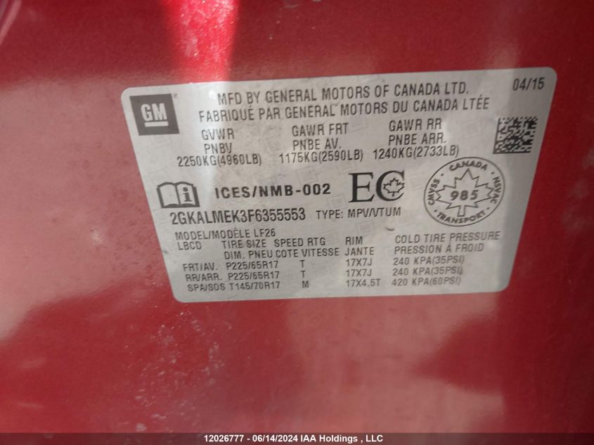 2015 GMC Terrain VIN: 2GKALMEK3F6355553 Lot: 12026777