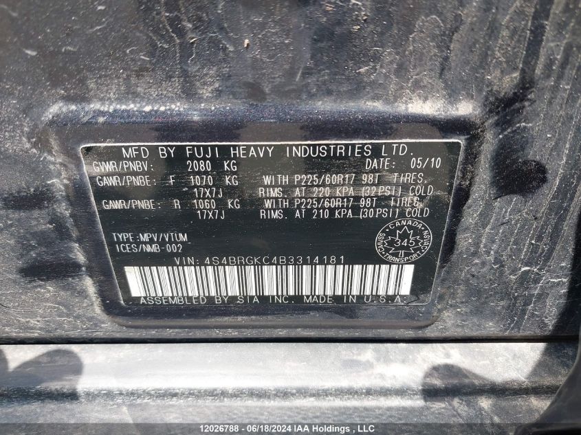 2011 Subaru Outback VIN: 4S4BRGKC4B3314181 Lot: 12026788