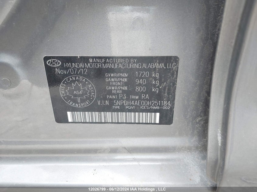 2013 Hyundai Elantra Gls/Limited VIN: 5NPDH4AE0DH251184 Lot: 12026799