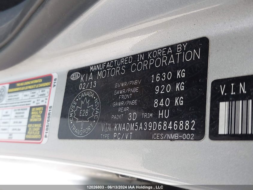 2013 Kia Rio Gdi VIN: KNADM5A39D6846882 Lot: 12026803